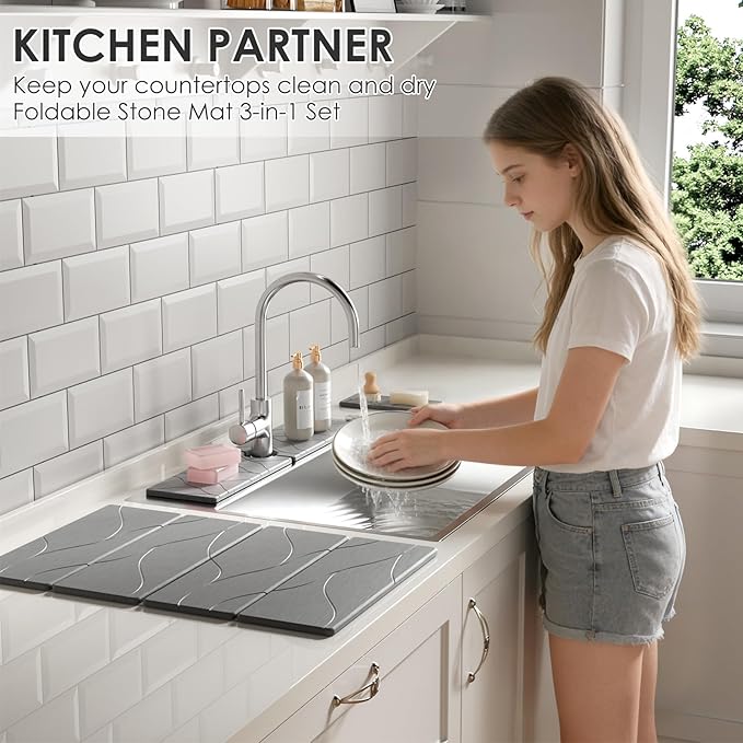 3 PCS Large Stone Dish Drying Mat for Kitchen Counter -24x16 Absorbent Diatomaceous Earth Mat with Stone Faucet Mat &amp Soap Tray - Quick Dry Collapsible Non-Slip Countertop Organizer