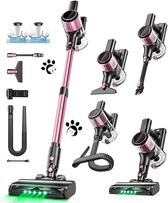Cordless Vacuum Cleaner 10 in 1 Stick Vacuum with Powerful Suction Hose Green LED Light Anti-Tangle Brush Lightweight Rechargeable Vacuum Cleaner for Home Hardwood Floors Carpets Pet HairPink