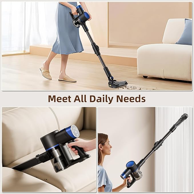 COWSAR Cordless Stick Vacuum Cleaner Bagless Lightweight Stick Vacuum for Carpet and Floor 8-in-1 Rechargeable Wireless Powerful Suction Vacuum Cleaner for Home Blue