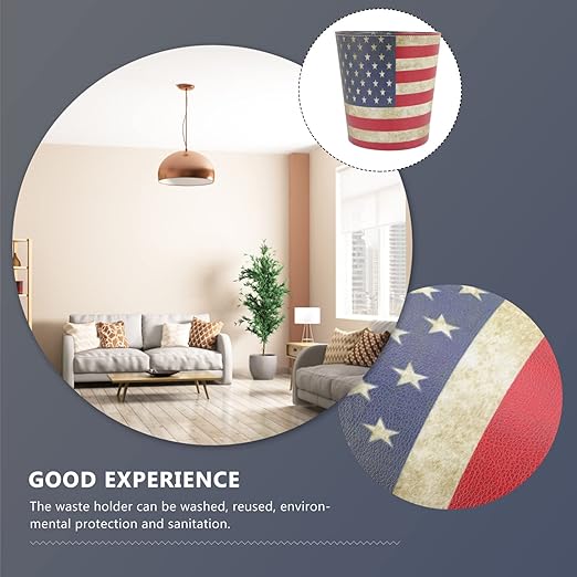 US American Flag Trash Can Vintage Wastebasket PU Leather Waste Paper Bin Decorative Garbage Can Waste Bucket for Home Office USA Flag Pattern