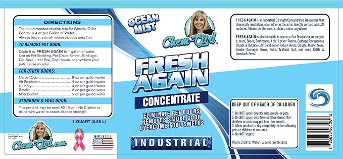 Chem-Girl | FRESH AGAIN Odor Remover &amp Deodorizer - Neutralizes Foul Odors in Upholstery Carpet Air Shoes Rugs Clothes Dog Beds Litter Boxes | Industrial Strength Concentrate - 1 Quart