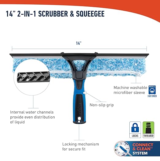 Unger Professional 2-in-1 Squeegee and Scrubber 14” Window Cleaning Tool and 8’ Connect &amp Clean Pole Essential Glass Supplies for Commercial and Residential Use Microfiber Sleeve