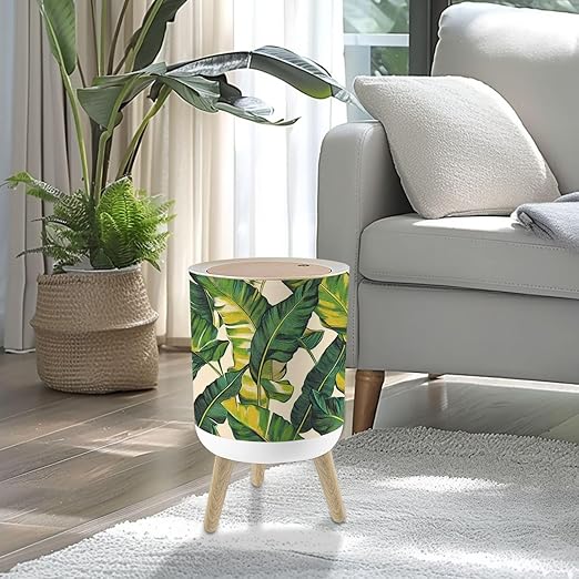 Small Trash Can with Lid Tropical Palm Leaves Jungle Leaf Seamless Floral Pattern 1.8 Gallon/7L Garbage Can Waste Bin with Press Top Lid Wood Legs Wastebasket for Bathroom Kitchen Bedroom