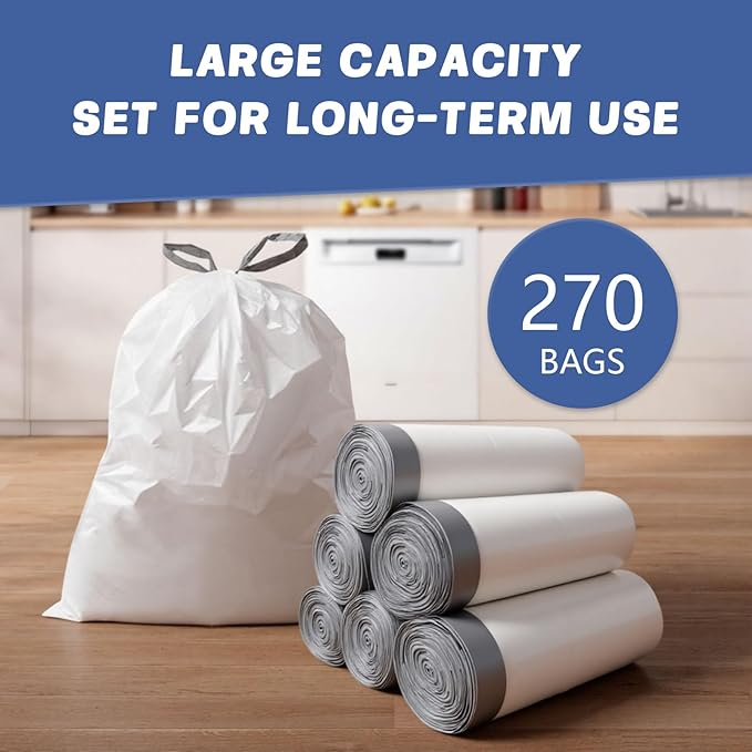 270 Count Heavy-Duty Trash Bags Compatible with 6-7 Gallon Trash Can Pre-Separated Drawstring Kitchen Garbage Bags Ideal for Home &amp Office 19.9 x 29.1 Inches 6 Rolls White