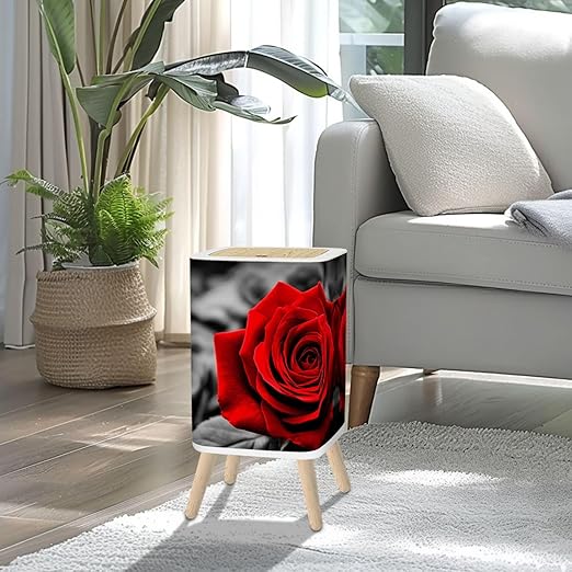 Small Trash Can with Lid Romantic Greeting red Rose Against Black White Roses 2.6 Gallon/10L Garbage Can Waste Bin with Pop-Up Lid Wood Legs Wastebasket for Bathroom Kitchen Bedroom