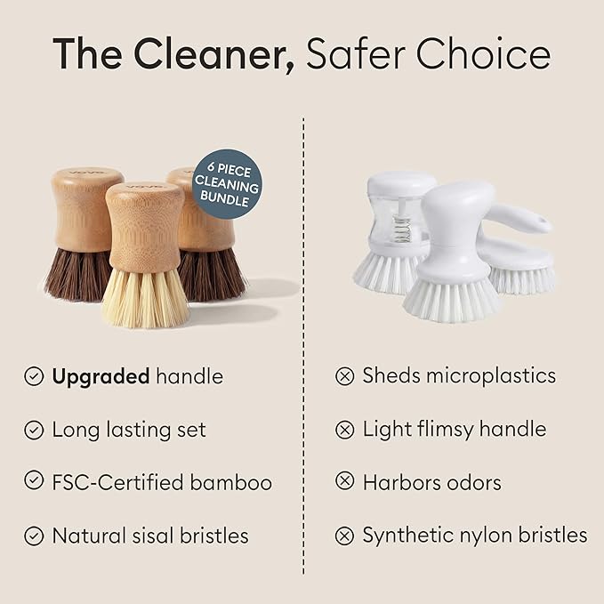 Vove Cleaning Essentials Set – Bamboo Dish Brush with Replacement Head 2 Scrub Brushes 2 Scrub Sponges – FSC Certified Plastic-Free Natural Bristles &amp Loofah – Eco-Friendly Kitchen Cleaning Ki