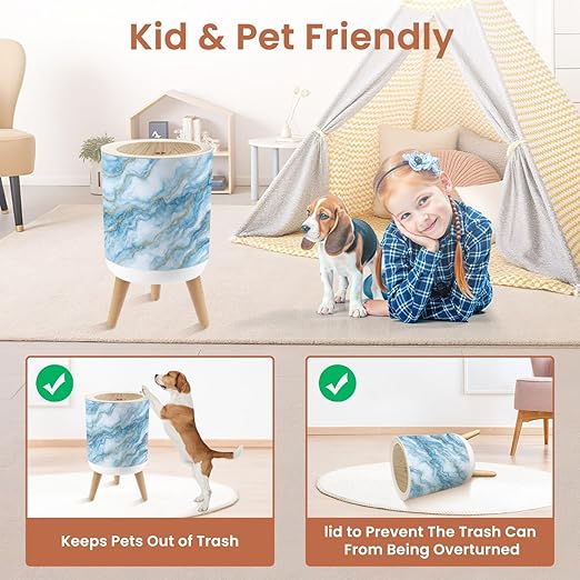 Bathroom Trash Can with Lid Abstract White Blue Marble Gold Glitter Veins Fake Stone Texture Garbage Bin Waste Basket for Kitchen Office Bedroom Decoration Diaper Pail 1.8 Gallon