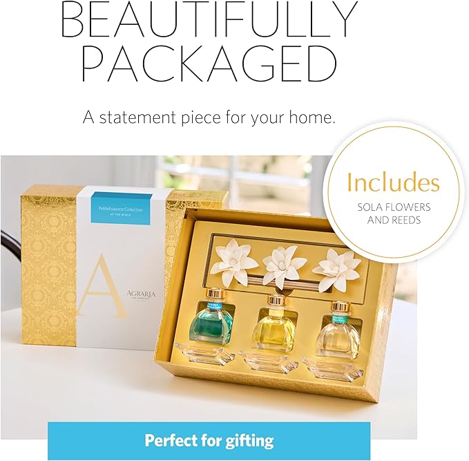 AGRARIA at The Beach PetiteEssence Collection Handmade Sola Flower Reed Diffuser Set of 3 Luxury Home Fragrance Scented Oil Diffuser Gift Set