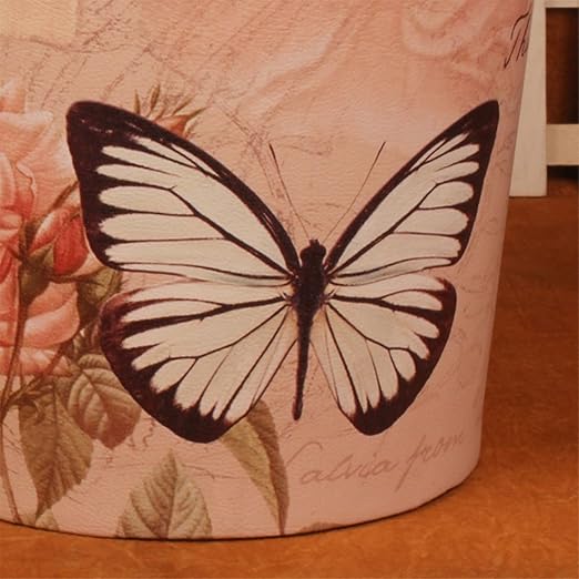 10L/2.64 Gallon Trash Can Decorative Waste Basket PU Leather Waste Paper Basket Waterproof Garbage Can for Bathroom Bedroom Office Kitchen and Living Room - Butterfly and Rose