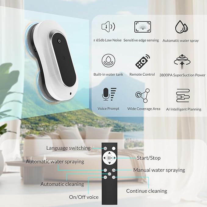 Smart WinbotWindow Cleaning Robot with Dual Water Spray Automatic Window Cleaner Robot for Windows/Tiles/Glass Door3000Pa Suction Power Edge Detection TechnologyAPP&ampRemote Control Washer