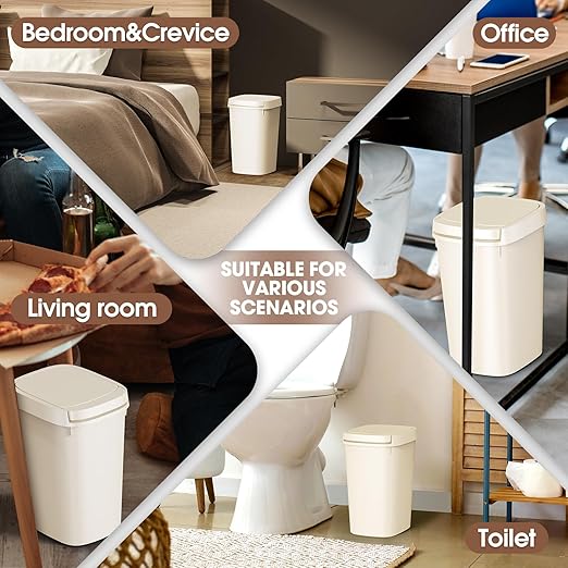 CEROELDA 3 Pack Bathroom Trash Can with Lid 10L/2.6 Gal Small Garbage Can with Press Top Lid Slim Plastic Waste Basket for Toilet Office Bedroom (Beige)