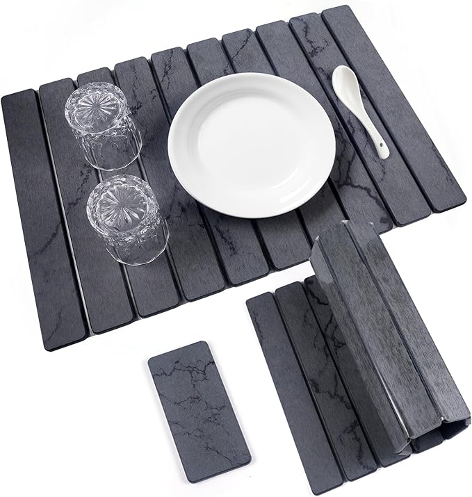 2 PCS Quick Dry Stone Dishes Mats for Kitchen CounterCollapsible Quick Drying Dish MatsUltra Absorbent Diatomaceous Earth Mats for Dishes Bottles Cups Match Any Countertop（Gray 24×16&amp 8x4）