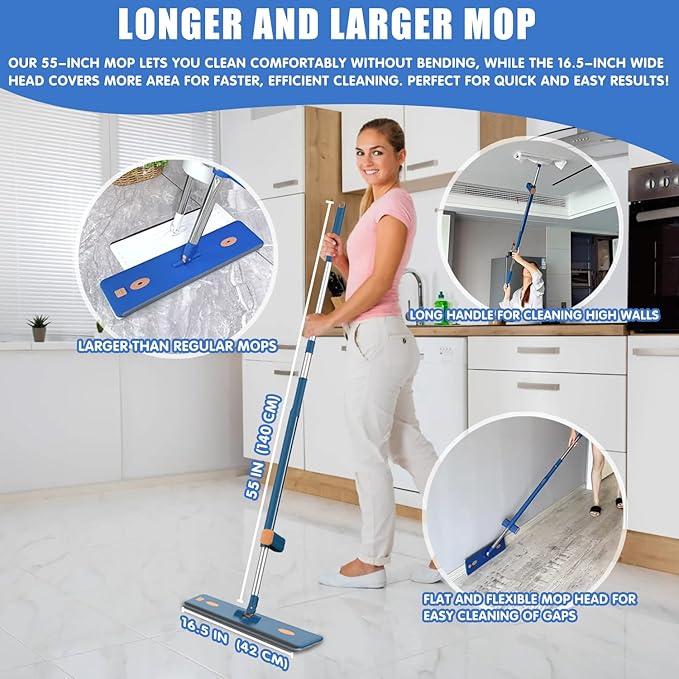 16.5 Self Wringing Flat Mop and Bucket Set 55 Long Handle Microfiber Mop for Floor and Wall Cleaning Hands-Free Wet &amp Dry Mop with Squeegee 5 Replacement Pads &amp Collapsible Bucket