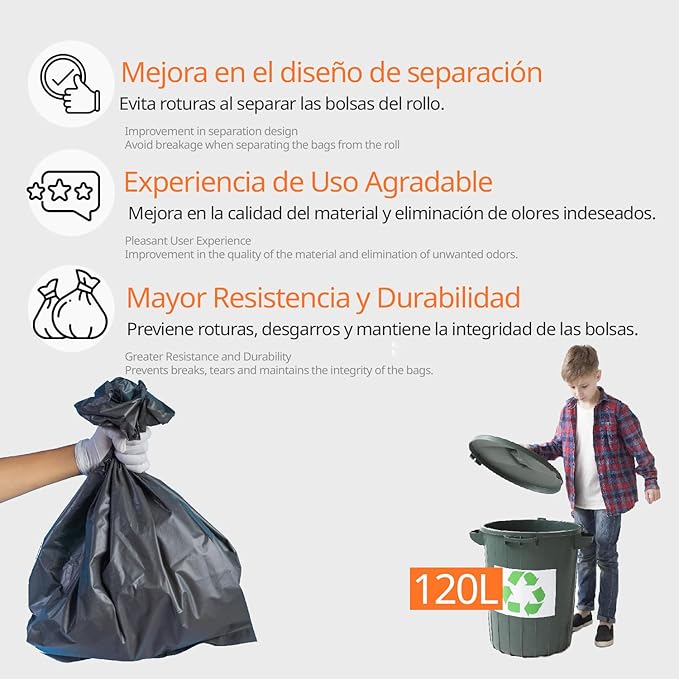 Waste Bags Trash Bags 120L Durable 100% Recycled and Recyclable Material Leakproof Plastic Bags Suitable for All Types of Waste 85 x 105 cm – Ophituria (30 Bags 120L)