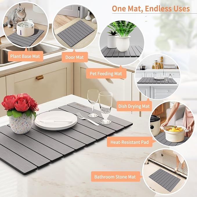 HotFox Dish Drying Mat for Kitchen Counter – Quick Dry Stone Drying Mat Foldable Diatomaceous Earth Pad Non-Slip Kitchen Sink Drying Mat Large Fast Drying Stone Mat for Dishes Coffee Maker Grey