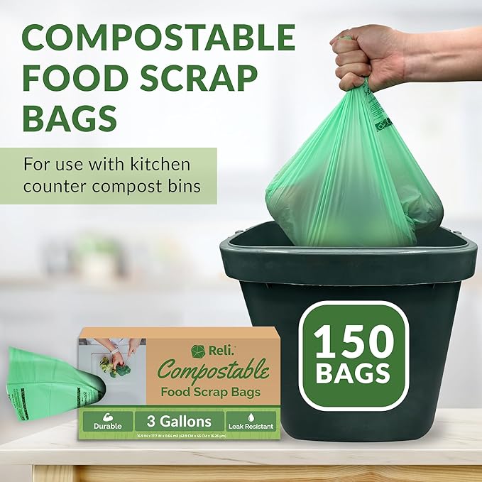 Reli. Compost Bags 3 Gallon (150 Count) | ASTM D6400 | Compostable Trash Bags for Food Scraps | Small Composting Liners for Kitchen Compost Bin/Countertop Bin | Green Eco for Food Waste 3 Gal