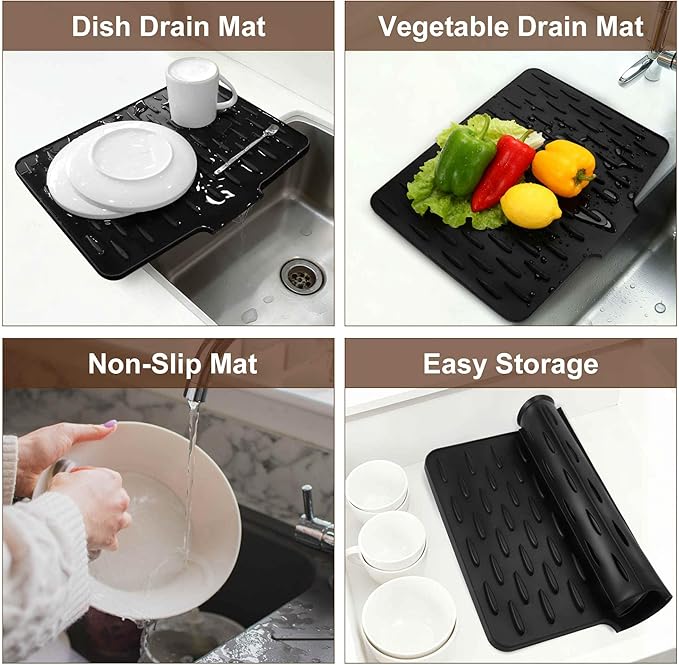 Dish Drainer Mat Silicone Drying Mat for Kitchen Counter Fast Drying Matt for Dishes Heat Resistant Non-Slip 15.75x12.6 Inch Black