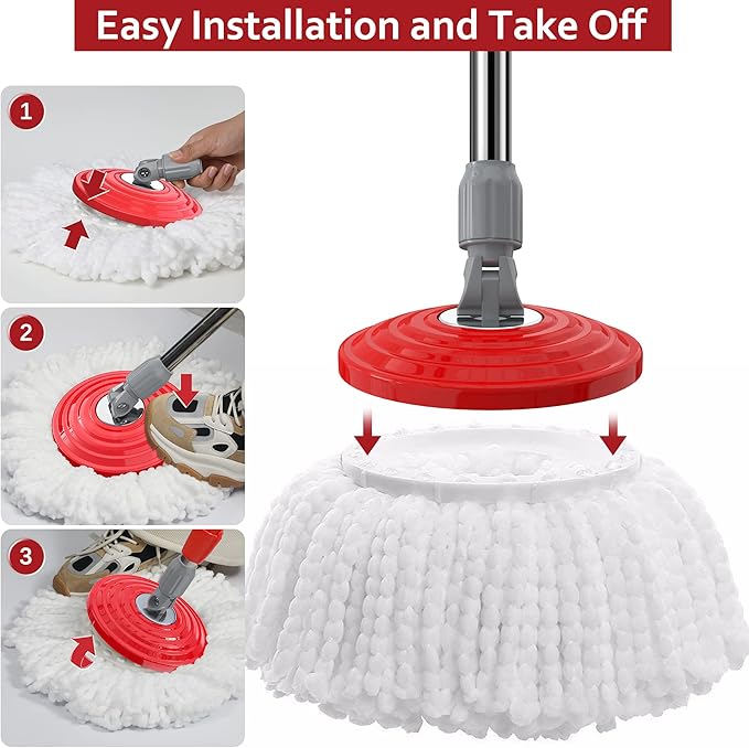 Stainless Steel Extendable Mop Handle with 2 Microfiber Replacement Heads &amp 360° Rotating Base Plate — Fits Standard Mop Buckets - Black