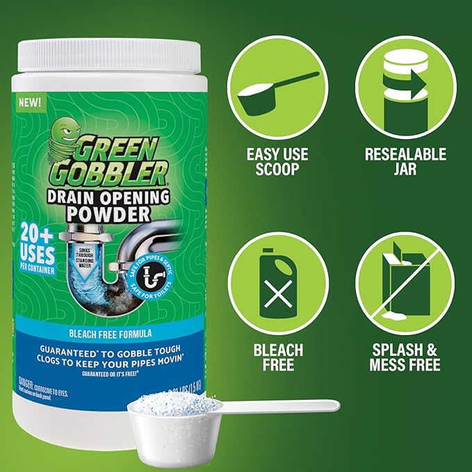 Green Gobbler Drain Clog Remover &amp Drain Cleaner Powder 20+ Treatments Maintenance Breaks Down Grease Paper Fat &amp Oil Septic Safe