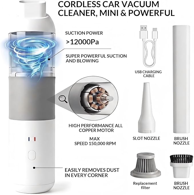 Wireless Car Vacuum Cleaner Portable Mini Vacuum 12000Pa Powerful Suction Dual Suction Modes Type-C Charging Handheld Vacuum Suitable for Cars Keyboards Office Desks Keyboards Pet Hair