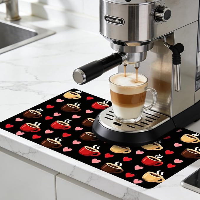 Nuxovilar Coffee Bar Mat Natural Rubber &amp Canvas Fabric 16.92 x 31.1 Coffee &amp Heart Print Bar Accessories Decorative Mat Home Kitchen Breakfast Nook