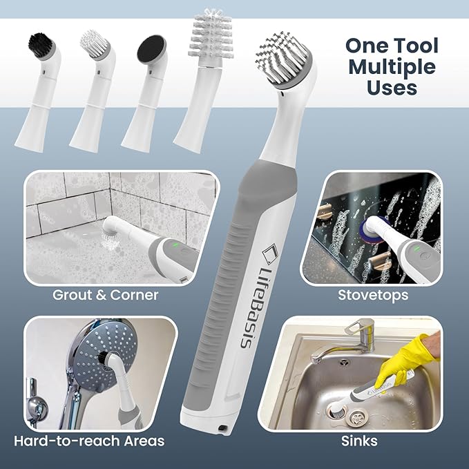 LifeBasis Rechargeable Power Scrubber Cordless Electric Cleaning Brush Water Resistant Small Electric Grout Brush with 5 Brushes for Home/Kitchen/Bathroom/Grout/Tile/Shower/Tub White