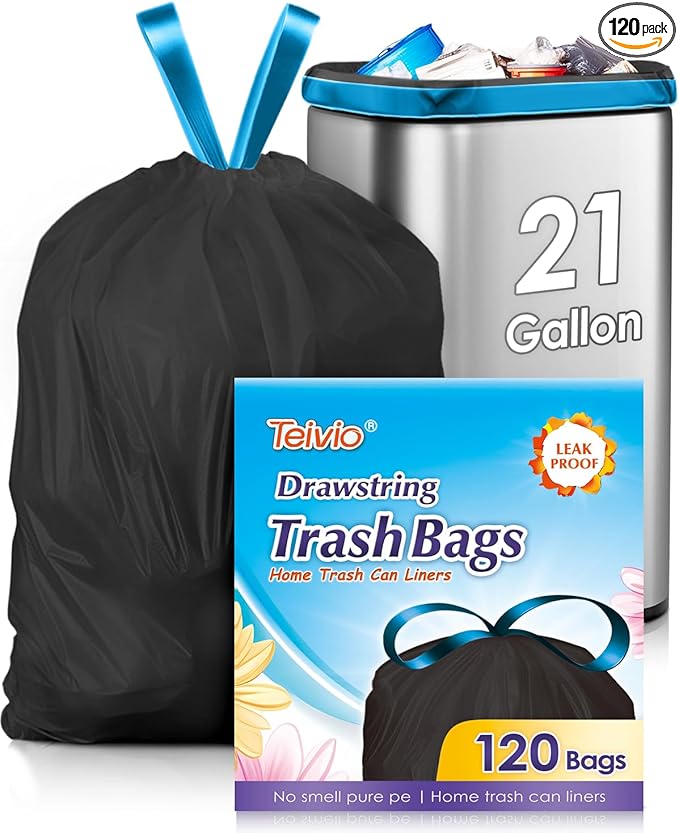 21 Gallon 120 Counts Strong Drawstring Trash Bags Garbage Bags by TeivioFit 20 Gal Bathroom Trash Can Bin Liners Plastic Bags for home office kitchen Black
