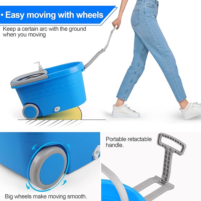 Mop Bucket with Wringer Set Extended Stainless Steel Handle 3 Microfiber Replacement Mop Head Refills 2 Wheels for Household Cleaning Hardwood Floor Tiles Blue/Gray