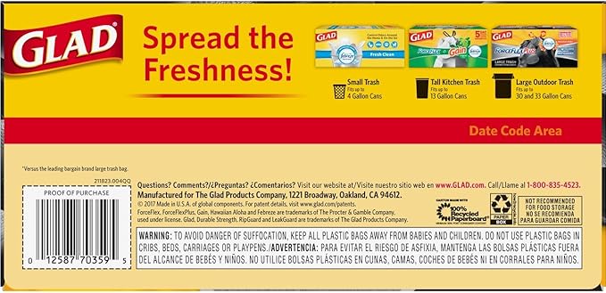 Glad Trash Bags Large Drawstring Garbage Bags‚ ForceFlexPlus 30 Gallon Black Trash Bag - 25 Count Each (Pack of 6)