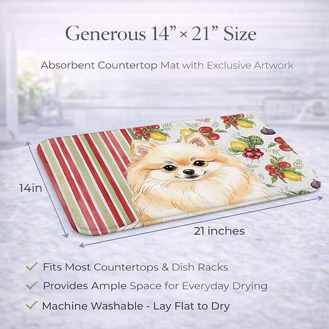 Caroline's Treasures Cream Pomeranian Vegetables Dish Drying Mat Absorbent Dish Drying Mat Pad for Kitchen Counter Dish Drainer Mat for Countertop 14 x 21 Multicolor