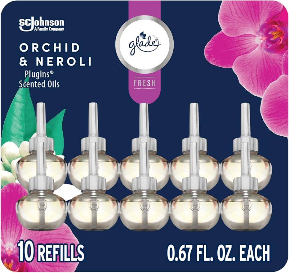 Glade PlugIns Refills Air Freshener Orchid &amp Neroli Scented and Essential Oils for Home and Bathroom 0.67 Fl Oz 10 Count