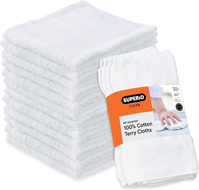 Superio White Washcloths 12 Pack Terry Cloth Rags 100% Cotton 12 Cleaning Cloths Kitchen Towels Facial Washcloth Spa Cloths Hand Towel Small Lint Free Rags for Multi-Purposes