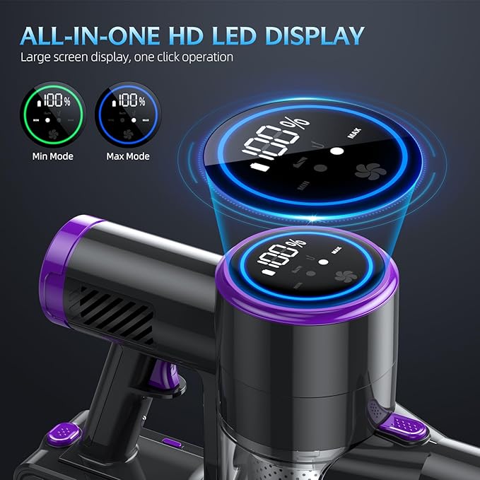 Cordless Vacuum Cleaner Stick Vacuum with LED Display 2 Modes 6 in 1 Lightweight Rechargeable Cordless Stick Vacuum with 40Min Detachable Battery Vacuum Cleaner for Home Hard Floor Carpet