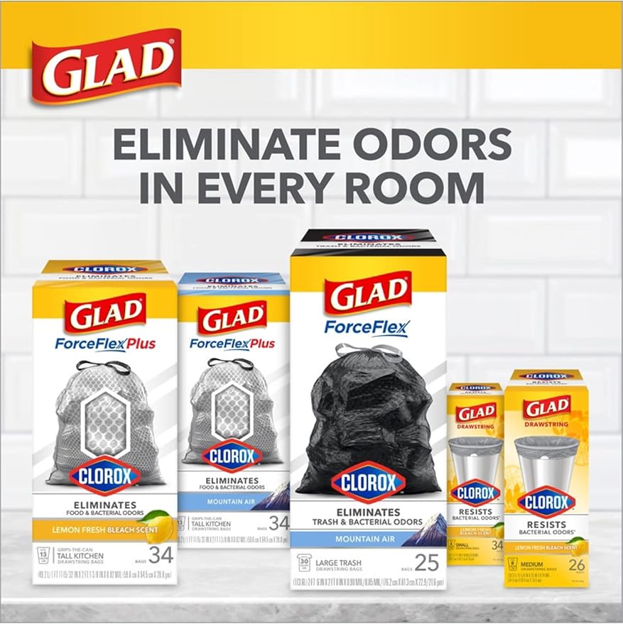 Glad Force Flex 30 Gallon Mountain Air Scent Trash Bags Drawstring 25 bags (Pack of 6)