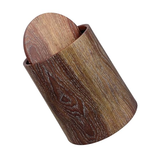 VOSAREA Wastebasket Swing Lid Imitation Wood Grain Plastic Home Office Bedroom Trash Bin Easy to Clean Modern