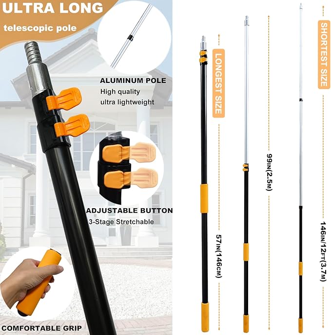 20 Ft+ Reach 2 In 1 Window Squeegee Duster with 5-to-12 Foot Extension Pole Cleaner Tool with 3-Stage Telescoping Pole Cleaning Kit with Rotatable Head - Chenille Cloth + Microfibre Cloths Head
