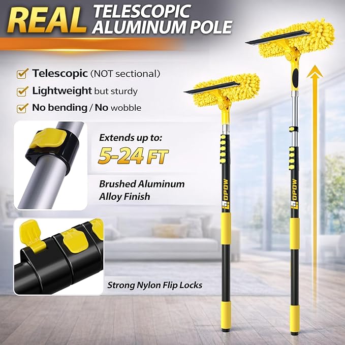 30FT High Reach Window Squeegee with Extension Pole 2 in 1 Window Washing Kit with 6-Stage Telescopic Pole &amp Rotatable Head No-Ladder Window Cleaner for High Window Solar Panel RV &amp Outdoo
