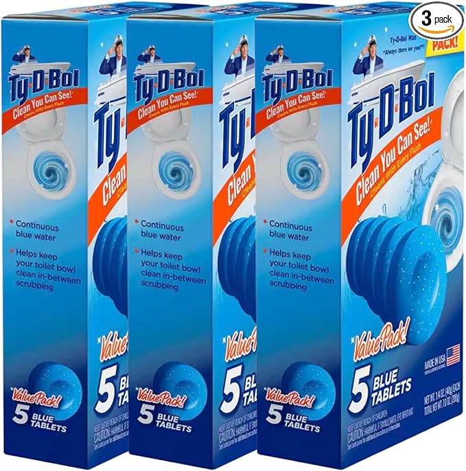 TY D BOL Toilet Bowl Cleaning Tablets with Continuous Blue Spruce Scent keeps Toilets Smelling Fresh &amp Clean (3 Packs of 5 tablets each) (Blue Spruce)