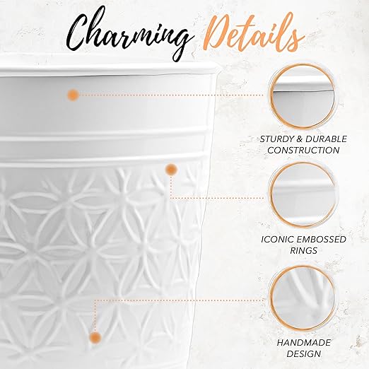 Autumn Alley Handcrafted White Bathroom Trash Can Round Open-Top Bathroom Wastebasket Stylish Metal Waste Bin for Home Office Bedroom Decorative Waste Basket Decor Coastal Trash Can White 2 Gal.