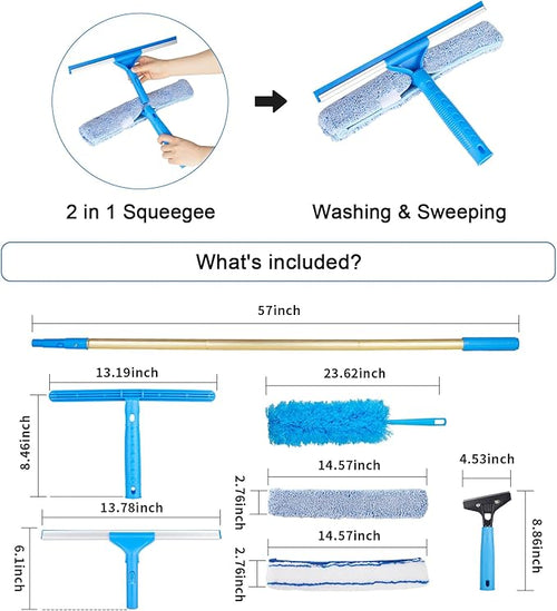 2 in 1 Window Squeegee Cleaning Kit with Aluminum Alloy Extension Poles Scrubber Glass Scrapper Bendable Duster2 Scrubber Cloth for Window Car Floor Home Garden