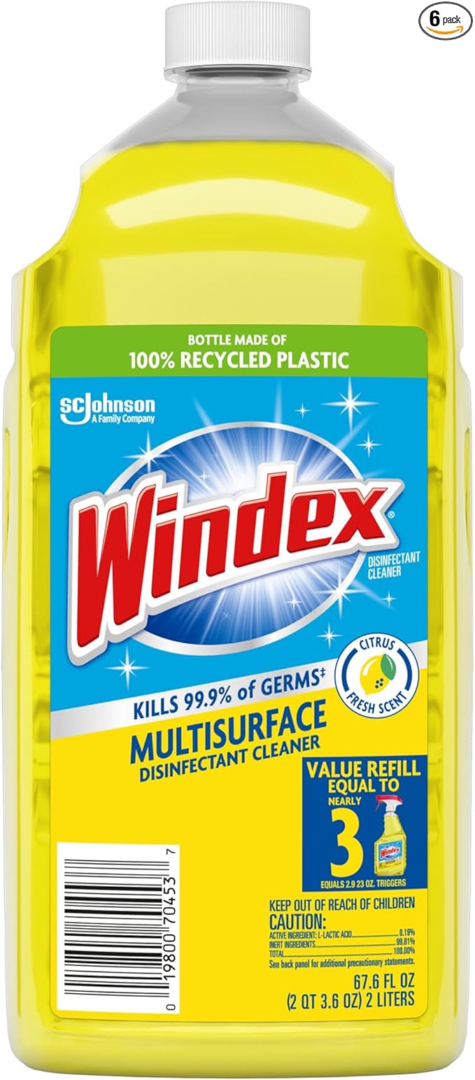 Windex Refill Multipurpose Disinfectant Cleaner Spray Bottle Made from 100% Recycled Plastic Surface Cleaning Spray Citrus Fresh Scent 2L (67.6 Fl Oz) (Pack of 6)