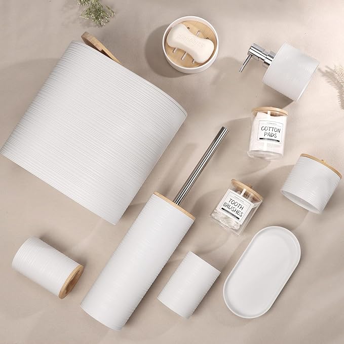 IMAVO Bathroom Accessory Set-11Pcs White Bathroom Accessories Set with Trash CanSoap DispenserSoap DishToothbrush HolderToothbrush CupToilet Brush HolderQtip Holder Dispenser with Labels