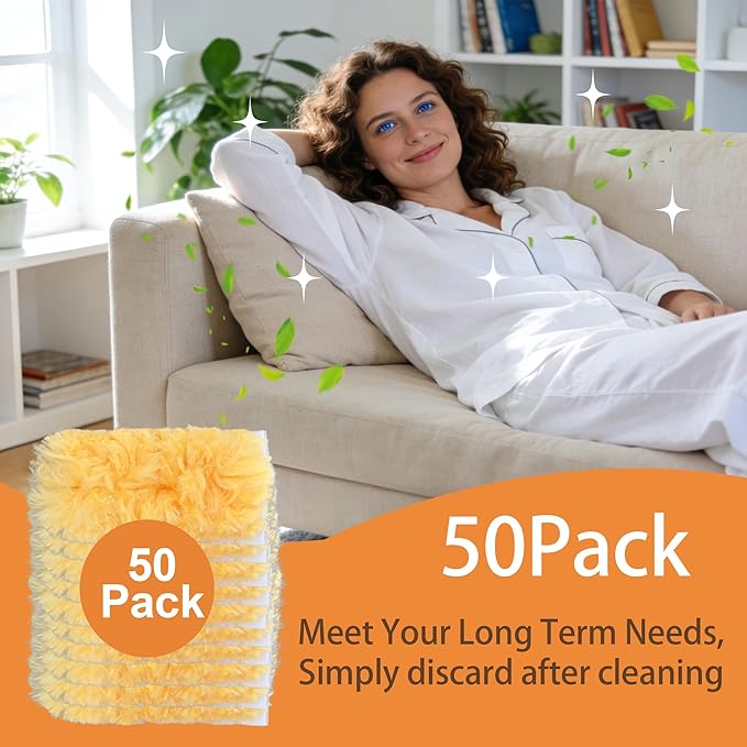 50 Count 360° Heavy Duty Duster Refills Unscented Disposable Dusters Refill Kit for Cleaning Dusting Furniture Blind Ceiling Fan with 1 Extension Retractable Pole + 1 Short Handle