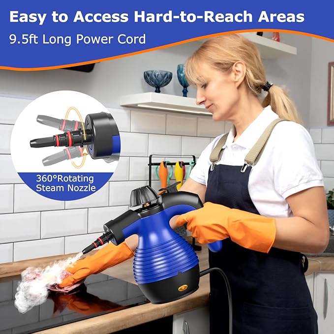 COSTWAY Handheld Steam Cleaner 1050W Portable Household Steamer with 9 Accessories 12 oz Water Tank Multipurpose Pressurized Steam Cleaning Machine for Floor Window Grease Grime (Blue)