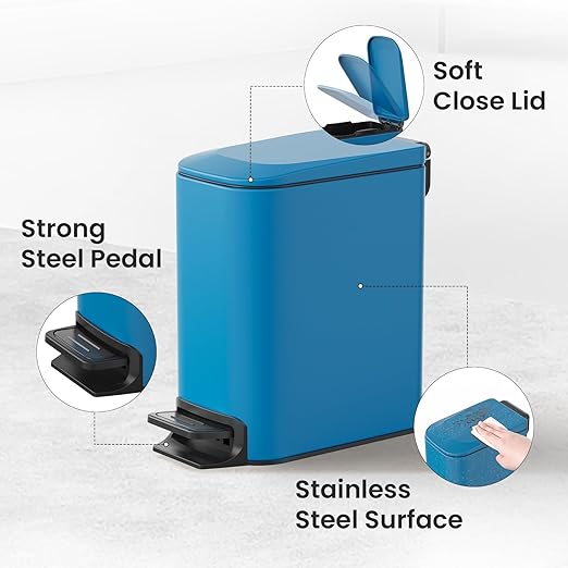 Cesun Small Bathroom Trash Can with Lid Soft Close Step Pedal 6 Liter / 1.6 Gallon Stainless Steel Garbage Can with Removable Inner Bucket Anti-Fingerprint Finish (Blue)