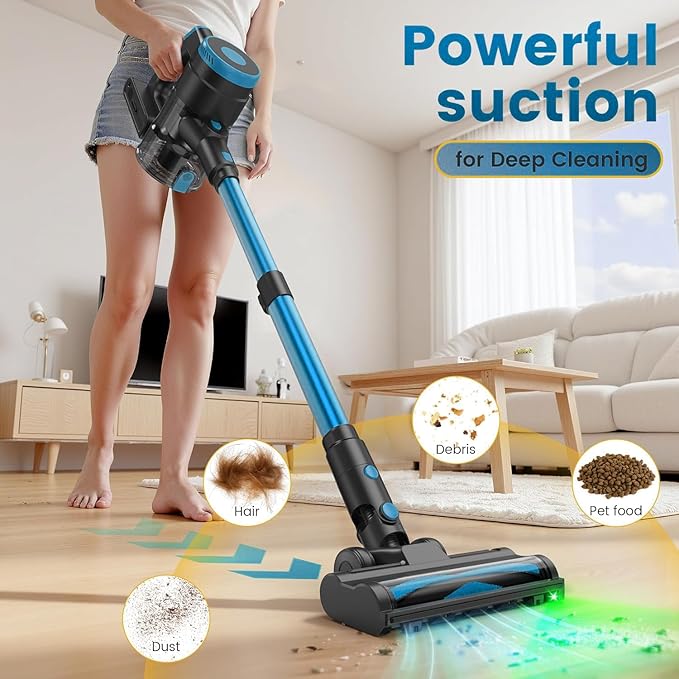 Zefiro Cordless Vacuum Cleaner45Mins Runtime Vacuum Cleaners for Home Anti-Tangle and 1.5L Dust Cup Lightweight Vacuum for Hardwood Floor Carpet Pet Hair
