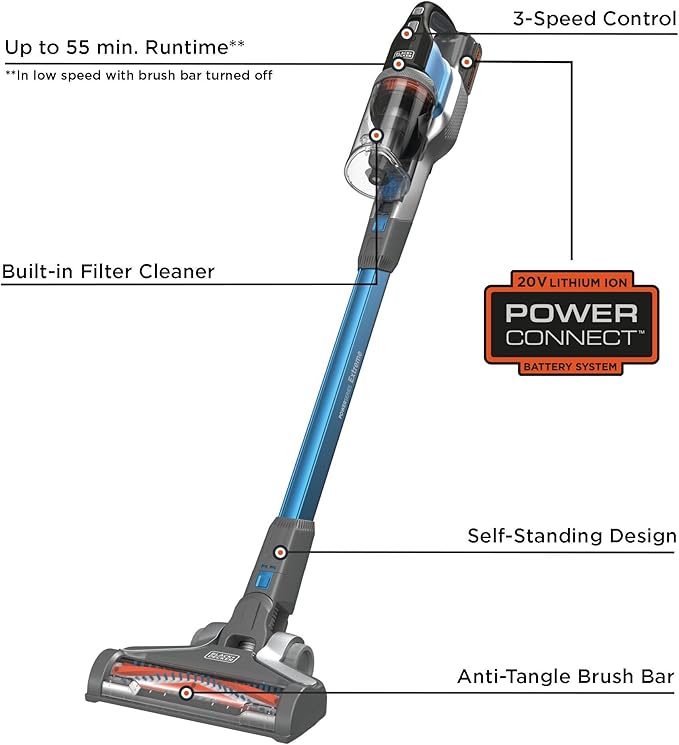 BLACK+DECKER Cordless Vacuum Powerseries Extreme Stick Vacuum Cordless Rechargeable Interchangeable Floorhead with Crevice Attachment 3 Speed Control Lightweight Blue (BSV2020G)