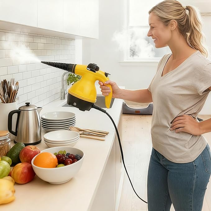 Handheld Steam Cleaner 1250W Multi-Purpose Portable Powerful Steamer Fast Steam Cleaning Tool for Grout Floors Fabrics Cars Kitchens Upholstery Removes Dirt Grease and Stubborn