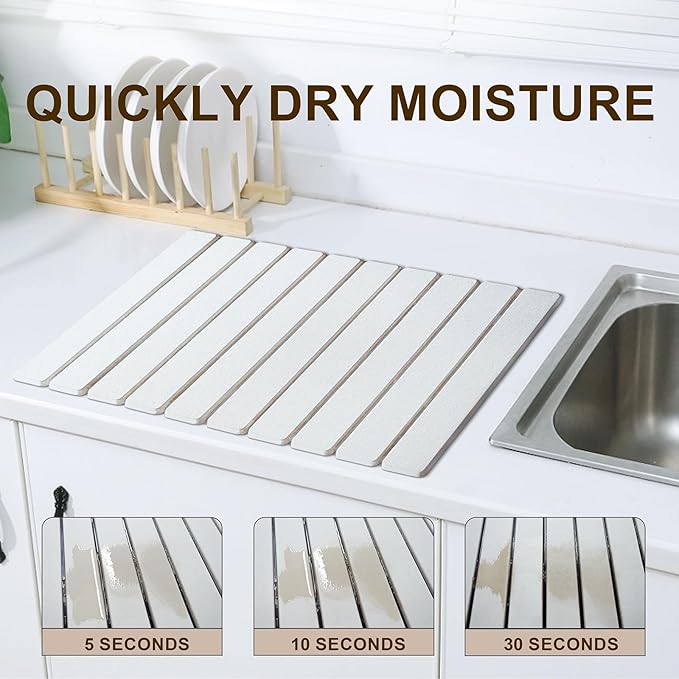 Large Stone Dish Drying Mat for Kitchen Counter 24×16 Quick Dry Collapsible Diatomaceous Earth Mat – Super Absorbent Foldable Drying Pad for Dishes (White 23.2 x 15.4)