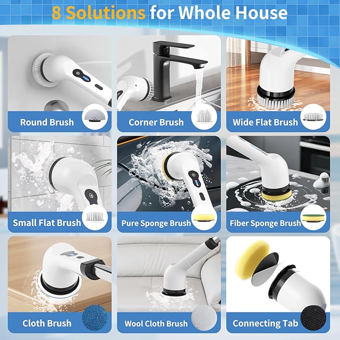 Electric Spin Scrubber Ultimate Household Cleaning Brush with 90Min Runtime &amp 8 Heads &amp 2 Modes- 52in Electric Shower Scrubber Deep Clean for Bathroom Grout Oven Shower Tile &amp Car IPX